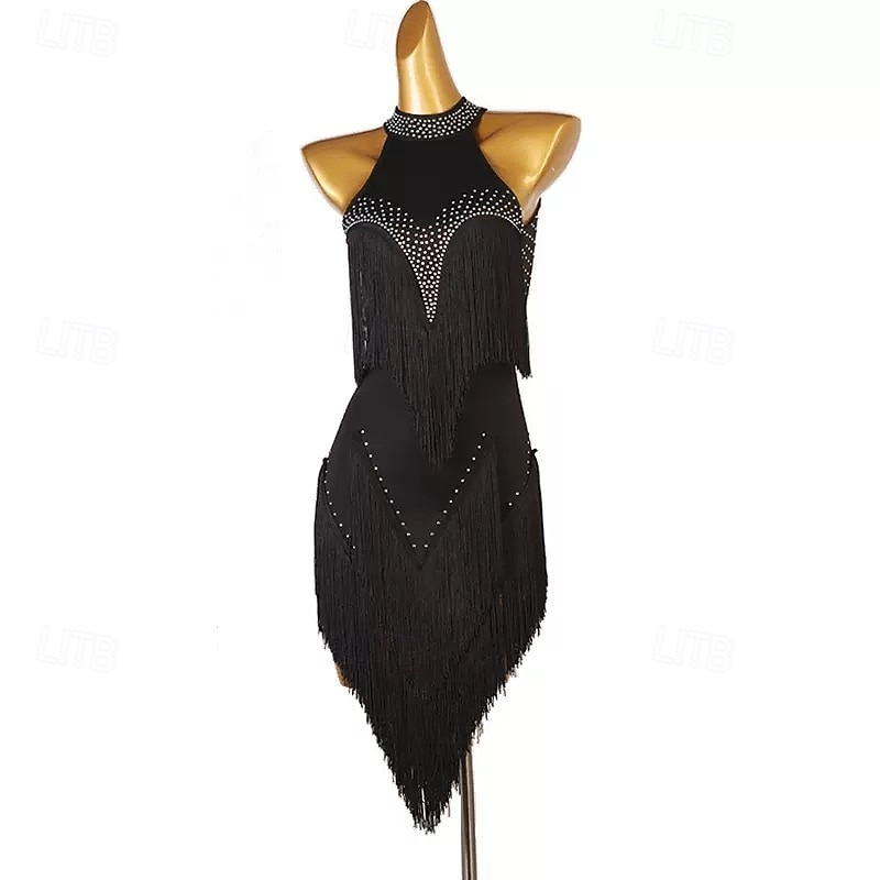 Κομψό μαύρο γυναικείο φόρεμα λάτιν χορού - ψεύτικο ντεκολτέ με τιράντες και λεπτομέρειες από στρας, κρόσσια &ασύμμετρο στρίφωμα rumba salsa cha-cha φόρεμα 2026 - $199.99 –P1