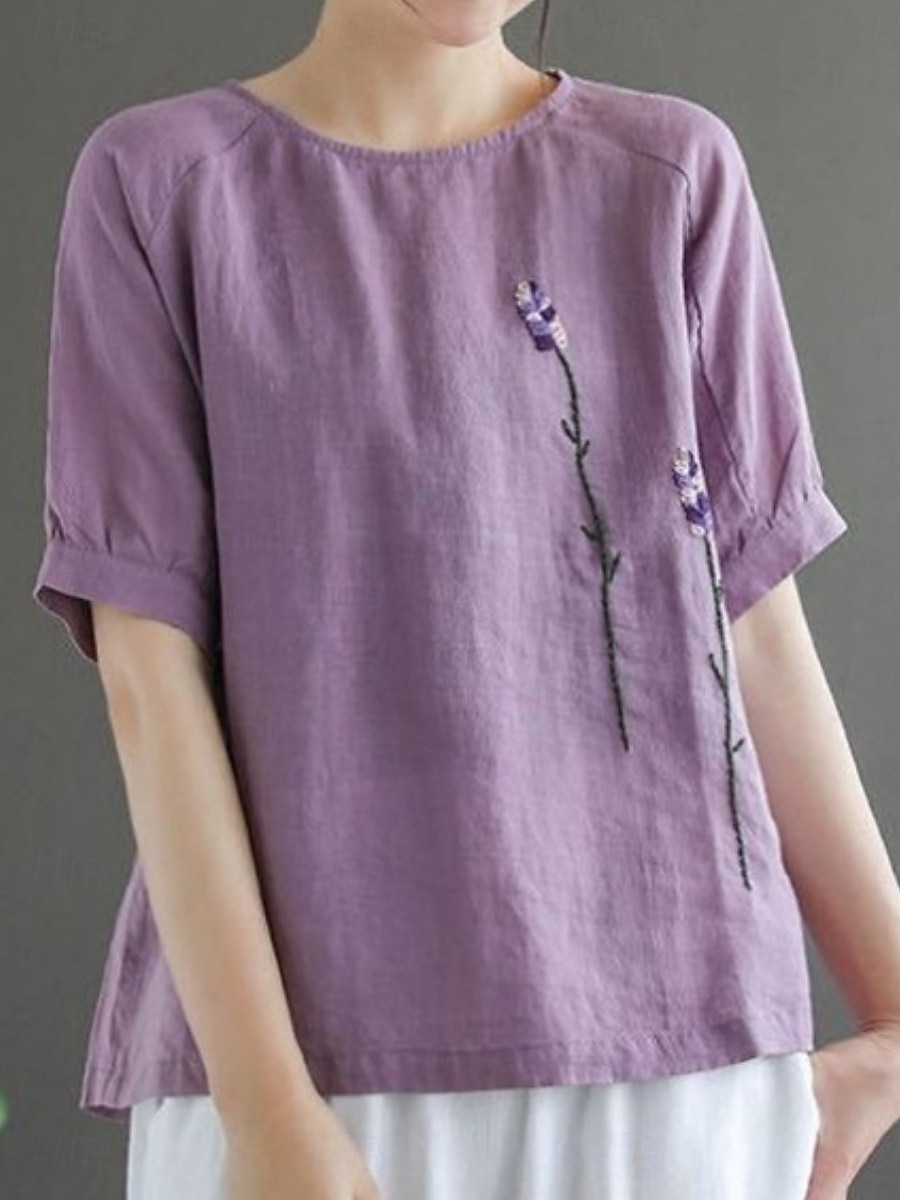 Per donna Blusa Finto cotone e lino Ricamato Tinta unica Elegante Casual Mezza Manica Girocollo Top Regolari Quotidiano Bianco Giallo Viola Estate Primavera del 2026 a $19.99 –P2