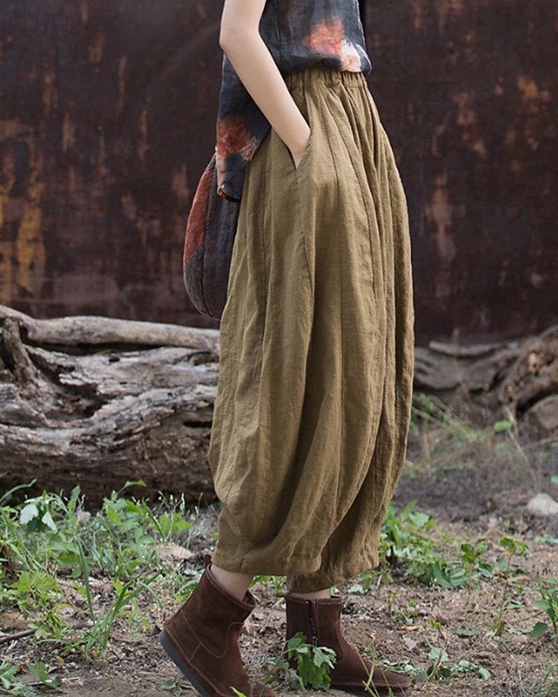Pantaloni da donna in lino biologico con elastico in vita e tasche a lanterna del 2026 a $49.99 –P9