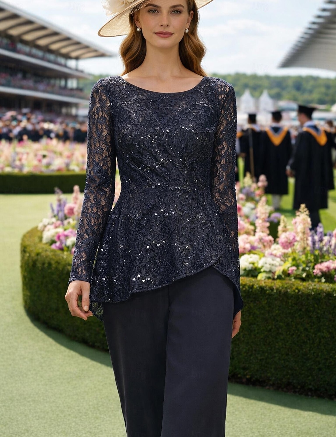 Duas Peças Terninho Longo Vestido Para Mãe dos Noivos Manga Longa Scoop pescoço Elegante Formal Convidado do casamento Noite Formal Chiffon Renda com Lantejoulas de 2026 por AU $301.23 –P4