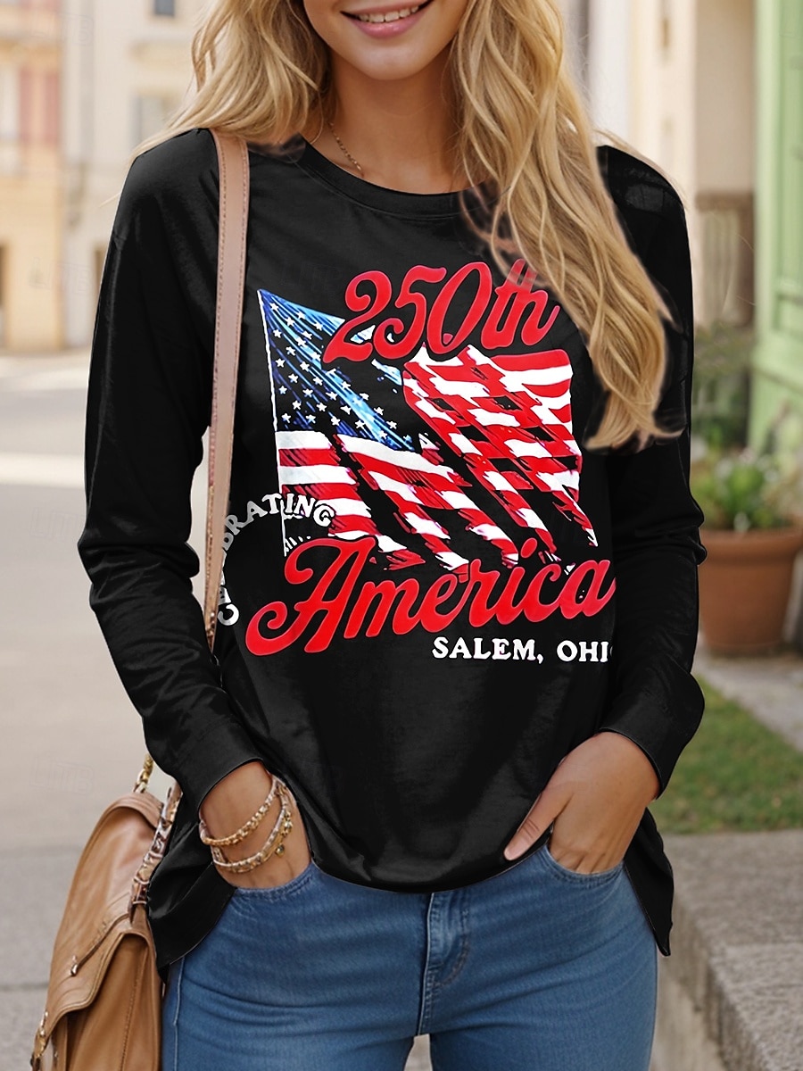 Ziua Independenței Aniversarea Americană Pulover pentru Femei T-Shirt Grafic Steag Stil Casual Mâncă Lungă Guler Rotund Topuri Regulate de Zi cu Zi Imprimare Albastru Negru Primăvară Toamnă 2026 - $24.99 –P2