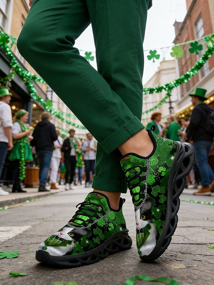 Herrsneakers med St. Patrick's Day-tema – grönt shamrock- och kattmönster, bekväma, perfekta för St. Patrick's Day-fester och roliga evenemang 2026 - $42.99 –P4
