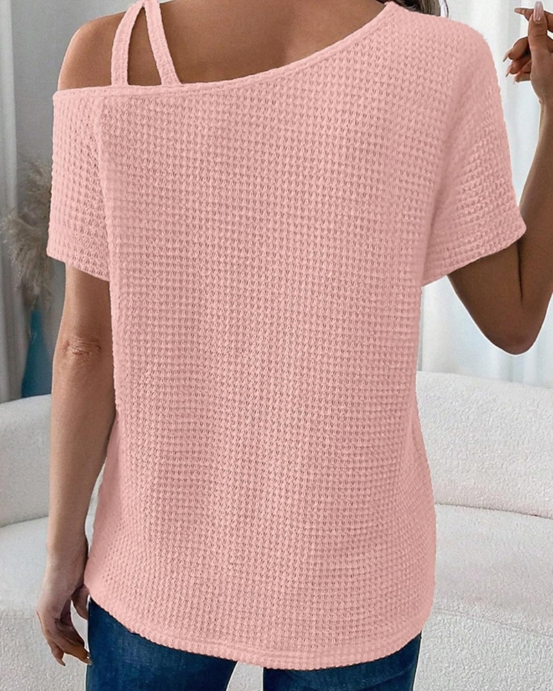 Mujer Camiseta Color sólido Vintage Elegante Manga Corta Cuello asimétrico Tops regulares Diario Noche Fin de semana Negro Blanco Rosa Caqui Verano Primavera 2026 - $25.99 –P3