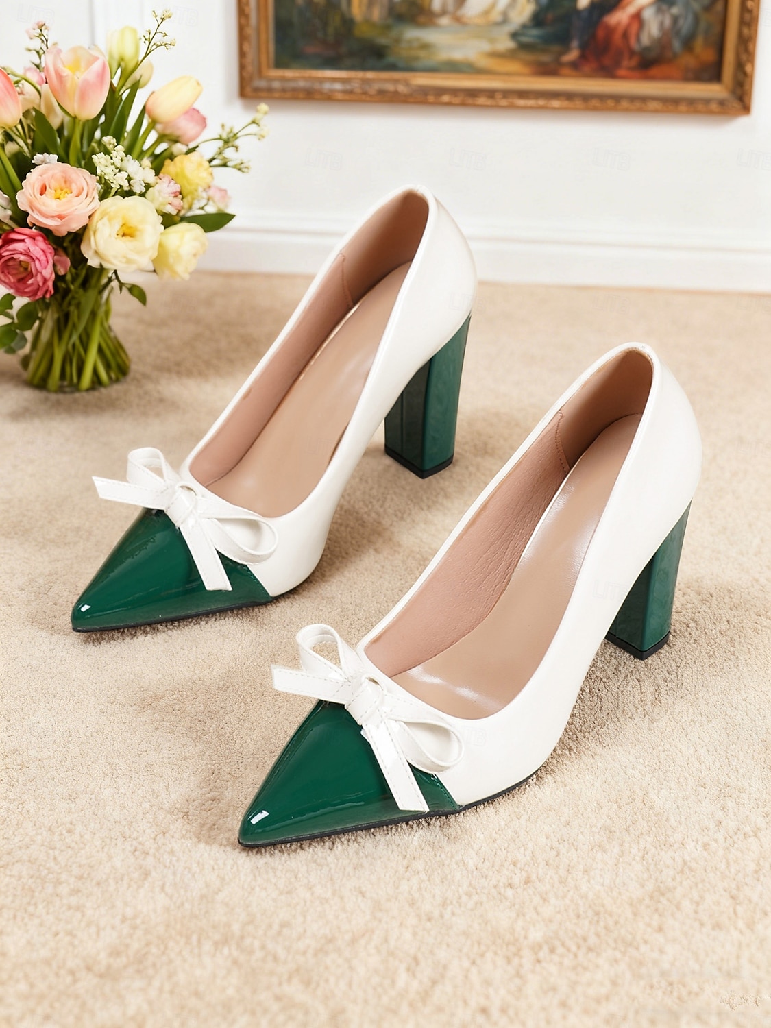 Dames tweekleurige groene en witte blokhak pumps - spitse neus met strikdetail, vintage chique stijl schoenen uit de jaren 50 voor werk, feestjes en dagelijkse outfits 2026 - $54.99 –P4