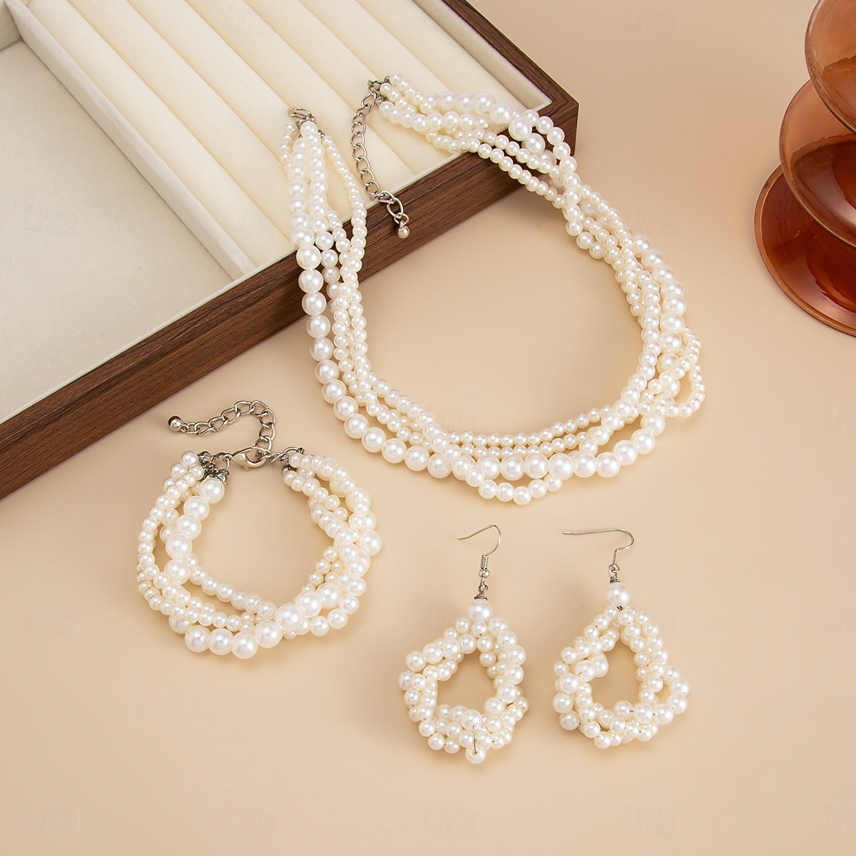 Dámská sada vícevrstvých perlových šperků - elegantní perlový náhrdelník, visací náušnice &náramek, klasický svatební styl pro nevěsty a družičky &svatební obřady 2026 - $11.99 –P2