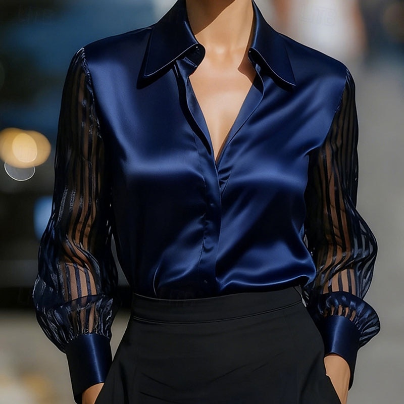 Damskie Koszula Elegancki Top satynowy Bluzka Z marszczeniami Oczko Guziki Równina Elegancja Zabytkowe damska Długi rękaw Kołnierzyk koszuli Zwykłe topy Codzienny Praca Święto Czarny Biały Czerwony 2026 - $26.99 –P3