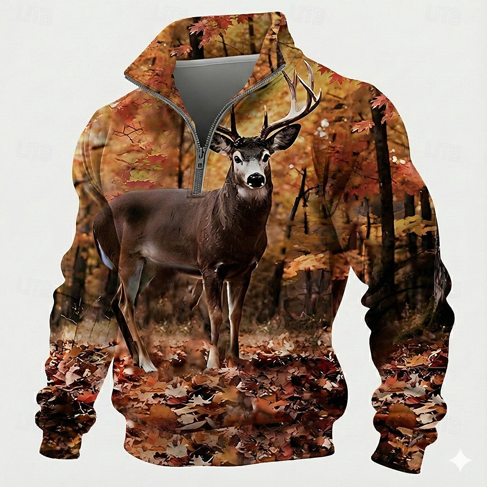 Herre Blad Rådyr Genser 3D Taktisk Vintage retro Jakt Høy krage utendørs Arbeid Gave Brun Glidelås Høst Vinter Designer S M L XL XXL XXXL 2026 - $30.99 –P1