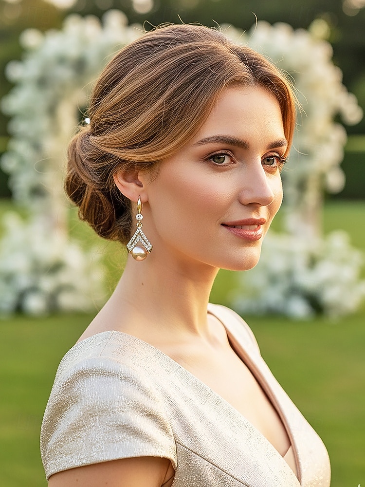 Pendientes colgantes de perlas artificiales para mujer, elegante diseño geométrico con detalles de cristal, estilo nupcial clásico, para novias, ceremonias de boda y eventos formales de noche. 2026 - $9.99 –P3