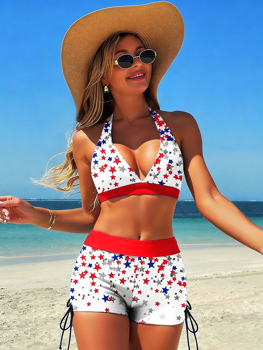 Women's Bikini 2 Piece Swimsuit High Waist Backless Vacation Beach Wear Graphic Flag V Neck Sleeveless Bathing Suits 2026 - $33.99 –P2