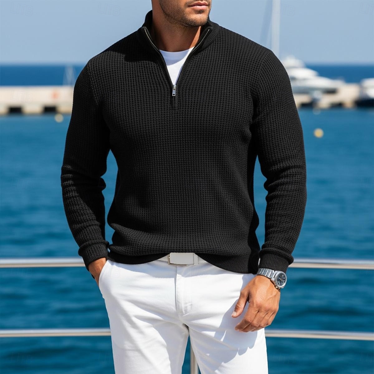 Voor heren Wafel Poloshirts Met Textuur Casual Buiten Kwart ritssluiting Lange mouw Modieus Modern Effen Kleur Effen Gebreid Herfst winter Zomer Lente Strak Donker Bruin Wit Wijn Marineblauw 2026 - $20.99 –P10