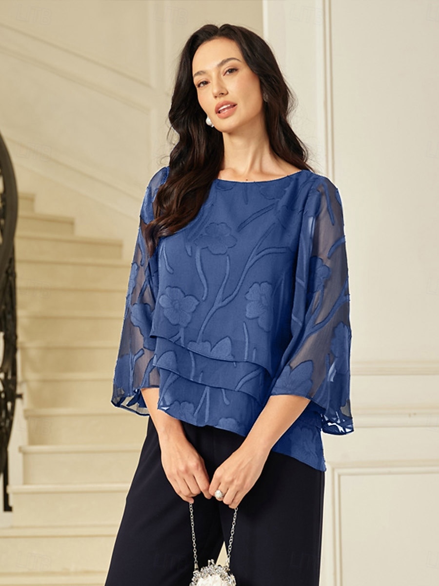 Per donna Camicetta trasparente Top in chiffon Pizzo Orlo asimmetrico Floreale Elegante Manica 3/4 Girocollo Top Regolari Quotidiano Ospite di nozze Wedgewood Estate Primavera Autunno del 2026 a $59.99 –P4