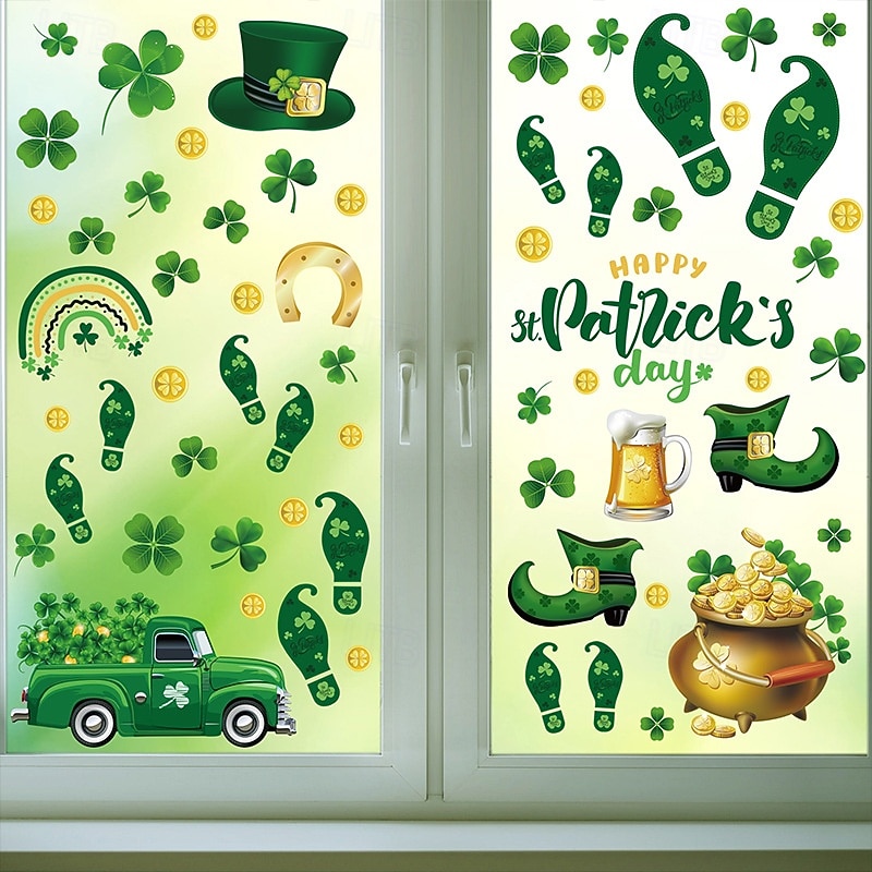 9 feuilles d'autocollants pour fenêtre sur le thème de la Saint-Patrick : trèfles, empreintes de chaussures de lutin, pièces d'or (autocollants statiques), décorations pour vitres sur le thème d'une de 2026 ? $10.99 –P8