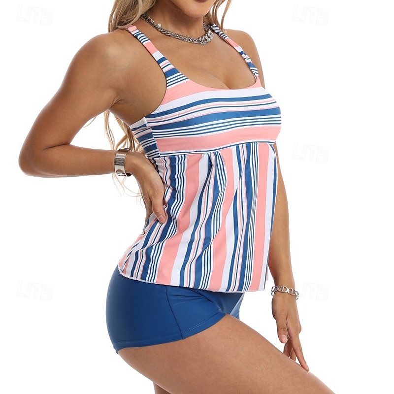 Per donna Costume da bagno Tankini Costume da bagno a due pezzi A righe Controllo della Pancia Elastico Senza Maniche Costume da Bagno Surf Spiaggia Vacanze Estate del 2026 a $18.99 –P10