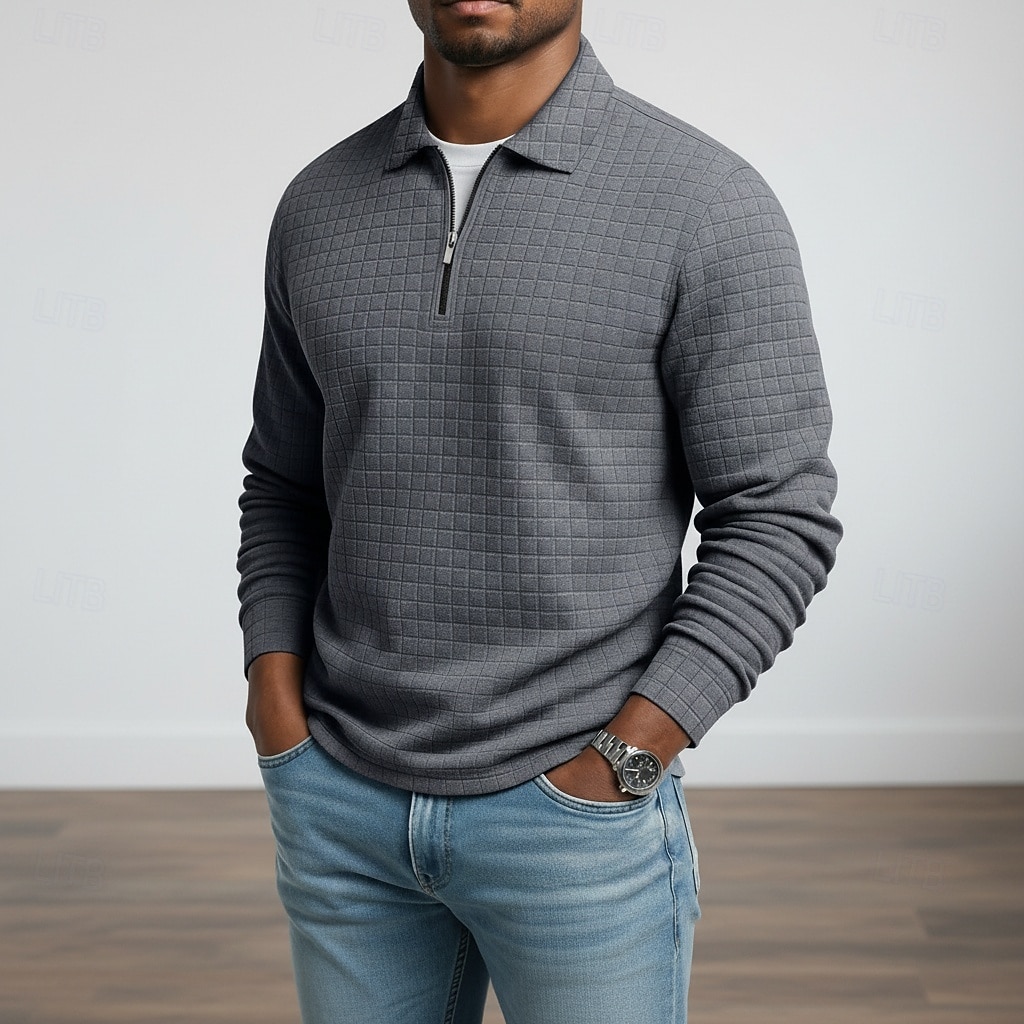 Homens Camisas Polo Waffle Textura Casual Ao ar livre Com Zíper Quarter Zip Manga Longa Moda Moderno Côr Sólida Textura Zip Up Primavera & Outono Todas as Estações Normal Preto Branco Vinho Azul de 2026 por $18.99 –P5