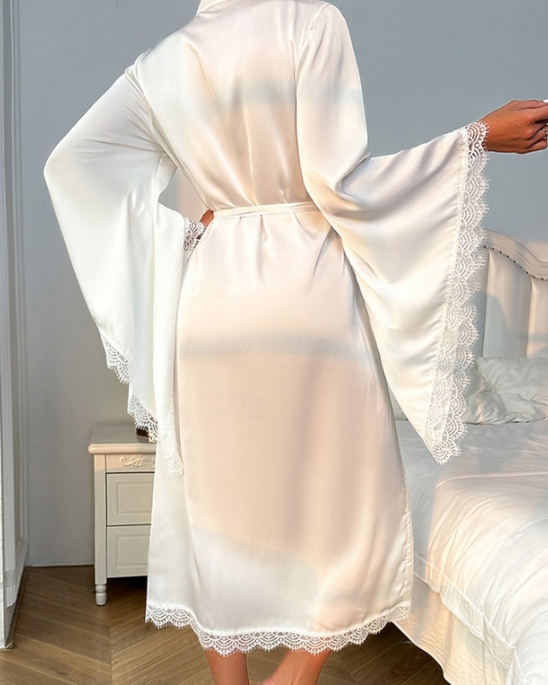 Femmes Robe Occasionnel Doux Satin Couleur Unie Dentelle Quotidien Maison Lit manche longue Col en V Noir Blanche Été Printemps Coupe Ample de 2026 ? $39.99 –P5