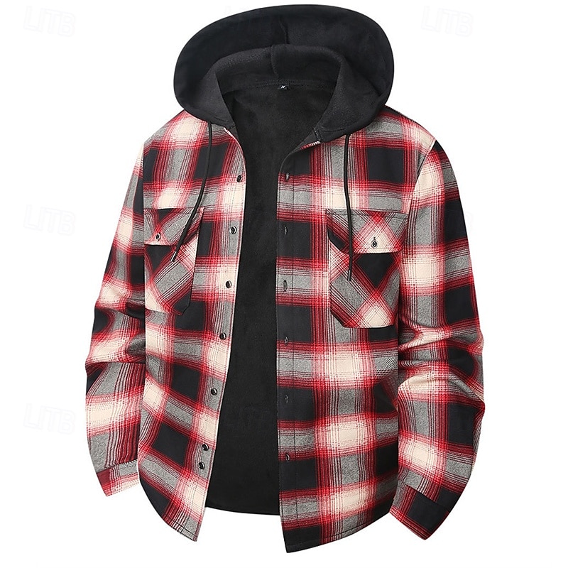 Муж. Зимнее пальто Флисовая жилетка Повседневная куртка Повседневные на открытом воздухе Сохраняет тепло Карман Осень Зима В клетку Уличный стиль Повседневные Капюшон Обычная 2026 - $31.99 –P7