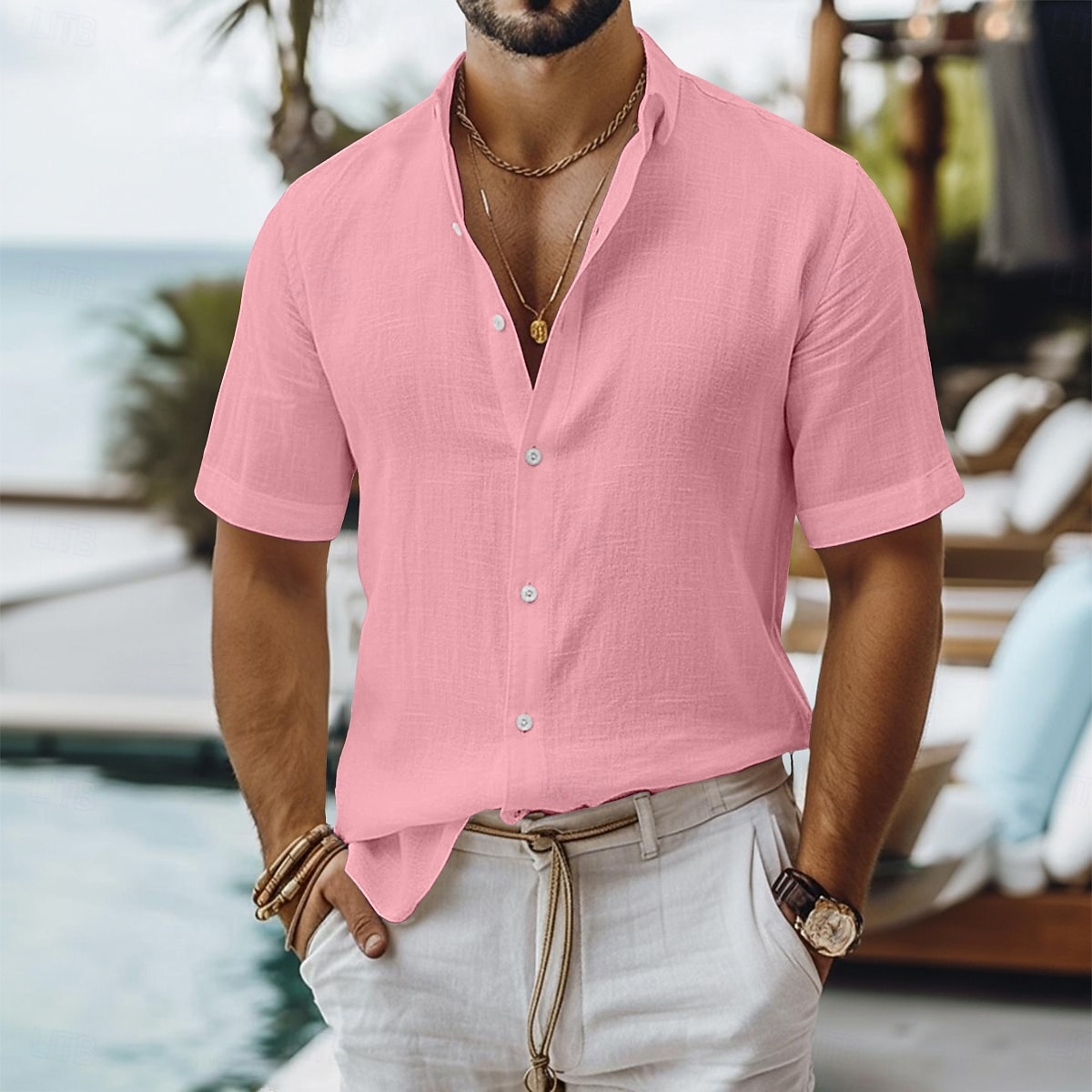 Voor heren Linnen overhemd Zomer overhemd Strand Kleding Overhemd met knopen Effen Casual Vakantie Zwart Wit Lichtgroen Blozend Roze Korte mouw Strijkijzer Zomer Kleding 2026 - $22.99 –P10