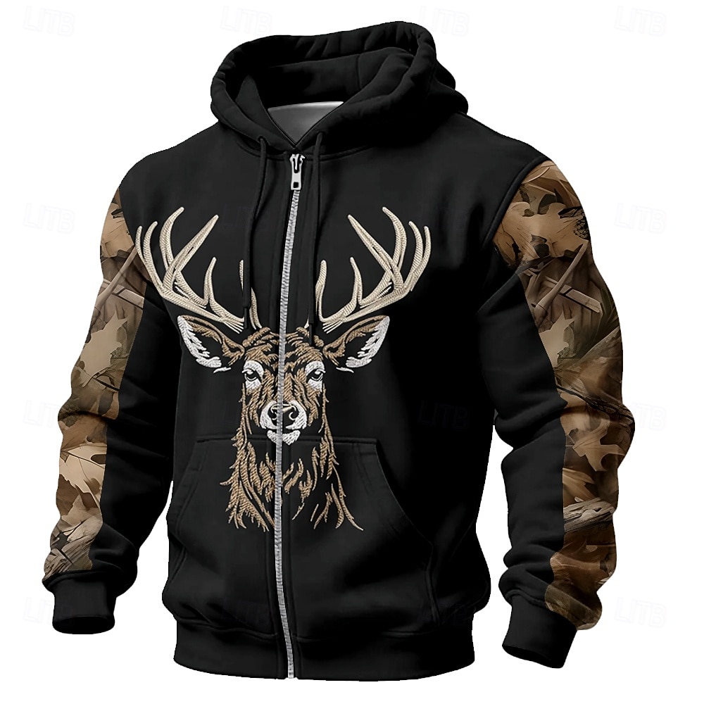 Voor heren camouflage Hert Trui met capuchon Jack Sweatshirt Modieus Dagelijks Lange mouw Capuchon Vakantie Jagen Zwart Trekkoord Vetoketju Herfst Winter Ontwerper S M L XL XXL XXXL 2026 - $28.99 –P1
