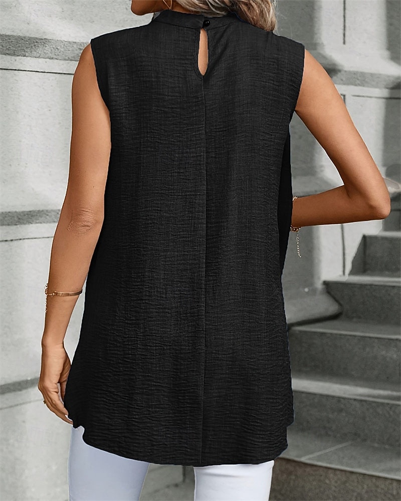 Women's Summer Tops Blouse Dressy Tops Ruched Patchwork Buttons Solid Color Plain Elegant Vintage Daily Sleeveless Crew Neck Regular Tops Daily Work Holiday Blue Black Wine Royal Blue Khaki Summer 2026 - BHD 9.26 –P10