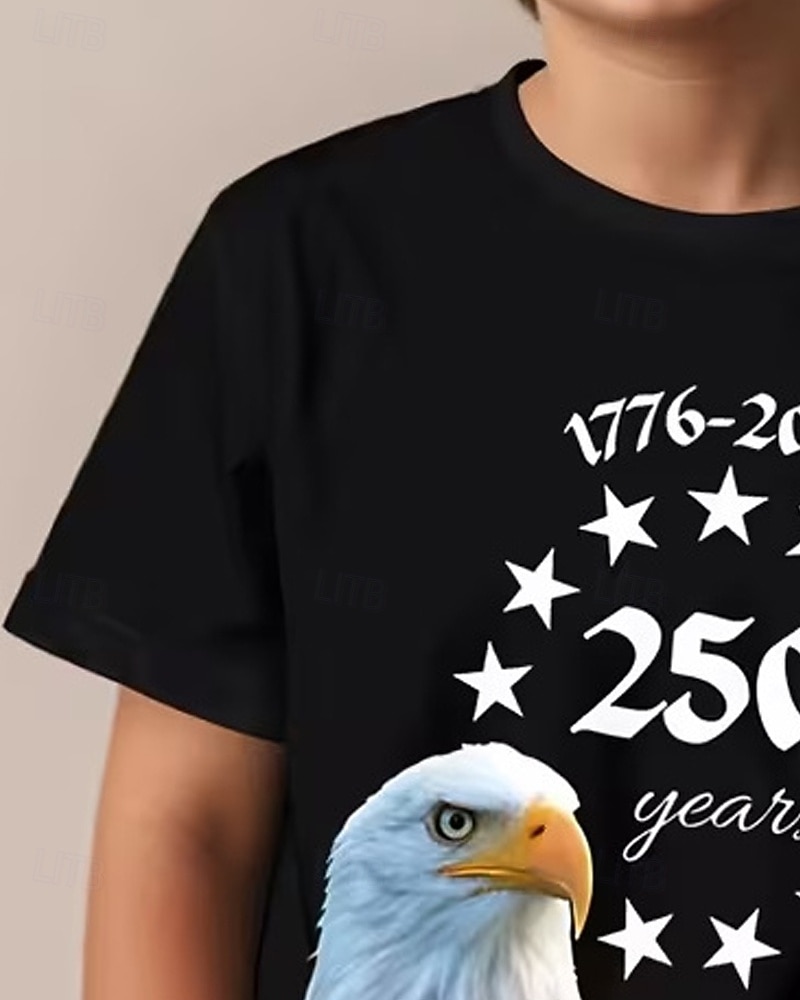100% Coton Enfants Garçons Noir Graphique Aigle 250e anniversaire T-shirt Chemisier Col Rond Manche Courte Extérieur Tenue Quotidienne Mode Streetwear Designer Impression Été de 2026 ? $21.99 –P8