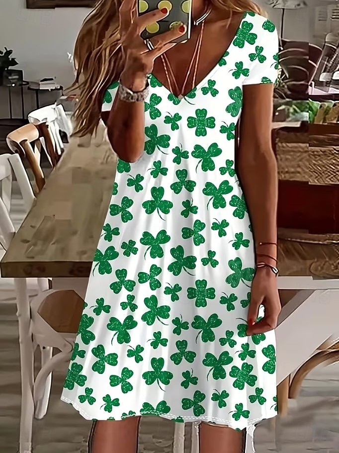 St. Patrick's Day Women's Mini Dress T Shirt Dress Tee Dress Sundress A Line Dress Vacation Casual Boho Beach Going out Regular Fit Floral Graphic Clover Short Sleeve V Neck Light Green 2026 - $22.99 –P1