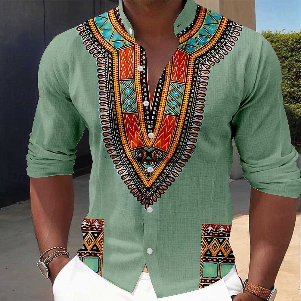 Homens Estampa Geométrica Étnico Cultura indiana Camisa Social camisa de botão Camisa de gola alta Manga Longa Vintage retrô Diário Ao ar livre Férias Primavera Outono Colarinho Mandarim Faixa de 2026 por $27.99 –P3