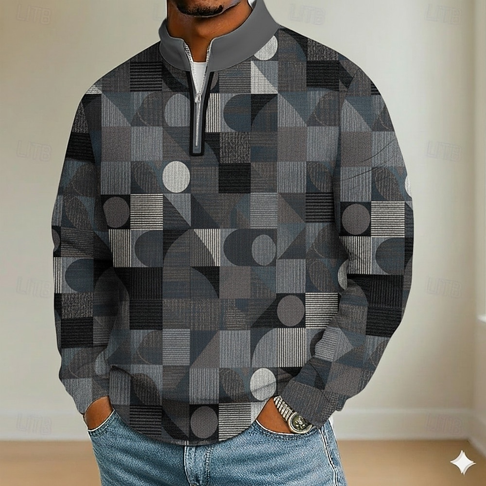 Per uomo Blocco di colori Geometrico Polo Manica Lunga Colletto Mao Casual Vacanza Athleisure Casual Quotidiano Stampa 3D Primavera Autunno Blu Marrone Grigio del 2026 a $22.99 –P3