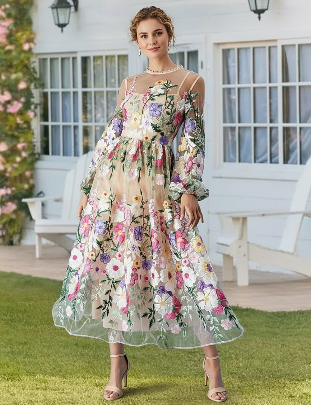 Linia -A Rochii Lungime Gleznă Rochie de petrecere Rochie de Cocktail Rochie pentru invitata de nunta Rochie Mama Miresei Manșon Lung Manșon Jumate Stil Nautic Elegant Epocă Oficial Dantelă Tulle cu 2026 - $205.89 –P2