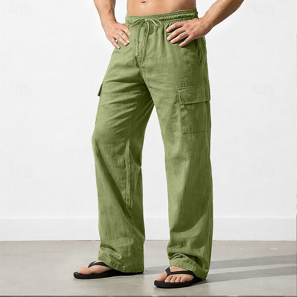 Men's Cargo Pants Linen Pants Trousers Summer Pants Drawstring Elastic Waist Multi Pocket Plain Comfort Breathable Full Length Casual Daily Holiday Vacation Fashion Black White Inelastic 2026 - $28.99 –P5