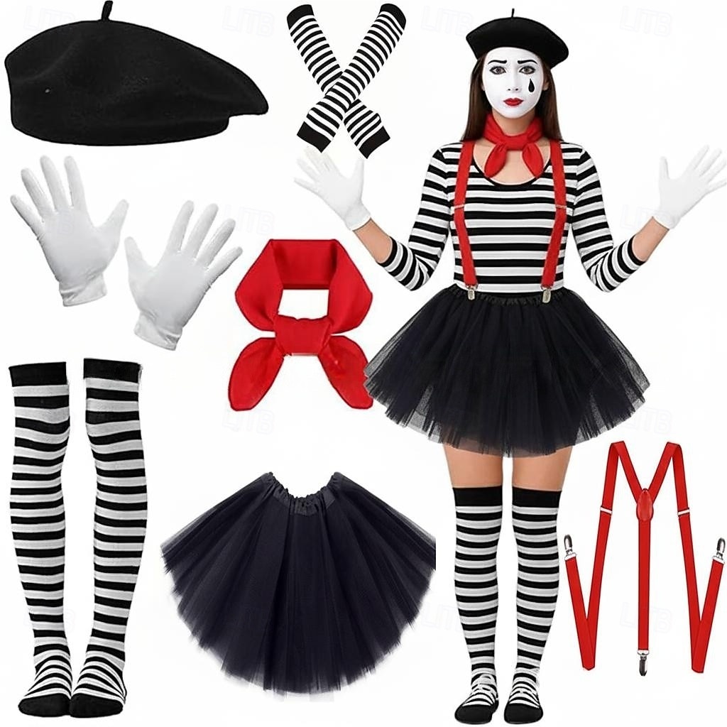 Mehre Accessoires Ausgefallene Kostüme Pantomimenkünstler Pantomime-Clown Zirkus Cosplay-Kostüm Gestreift Erwachsene Damen Halloween Karneval Party Leistung Verkleiden 2026 - $41.99 –P1
