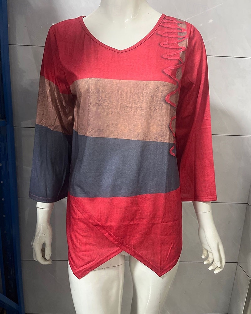 Жен. Футболка Пэчворк С принтом Контрастных цветов Винтаж Мода На каждый день Длинный рукав V-образный вырез Обычные топы Повседневные На выход выходные Синий Желтый Красный Лето Весна Осень 2026 - $25.99 –P2