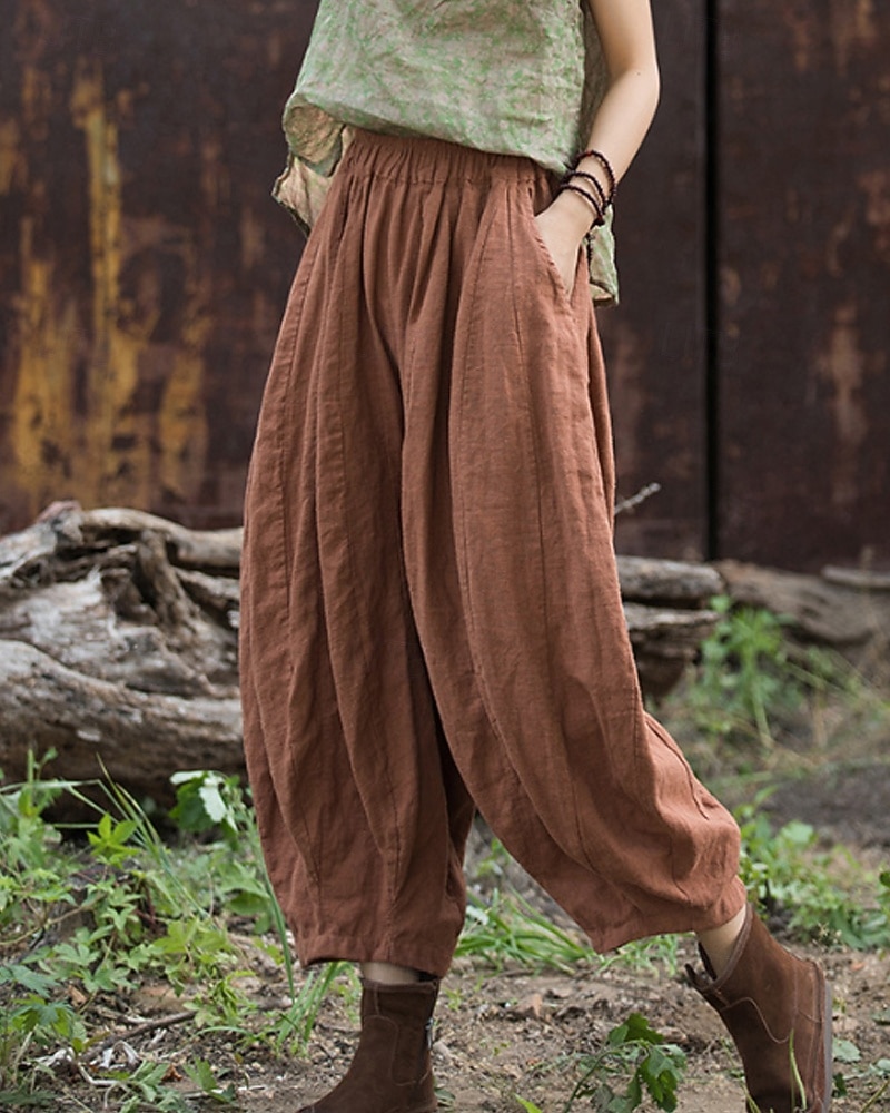 Pantaloni da donna in lino biologico con elastico in vita e tasche a lanterna del 2026 a $49.99 –P16