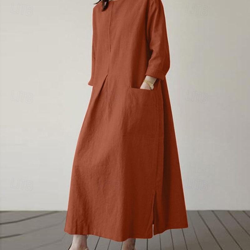 Mujer Vestido Midi Lino de algodón sintético Vestido de cambio Vestido informal Elegante Moda Moderno Diario Vacaciones Noche Ajuste regular Plano Manga Larga Cuello Barco Negro Verde Ejército 2026 - $28.99 –P3