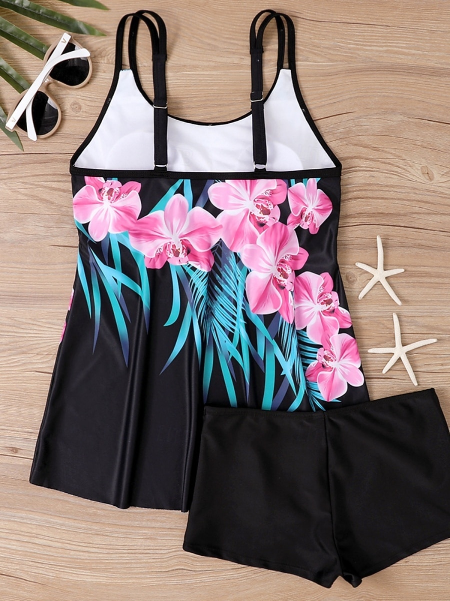 Maillot de bain tankini 2 pièces femme palmiers short contrôle du ventre taille haute slim dos nu vacances plage dégradé géométrique col en U sans manches de 2026 ? $33.99 –P10