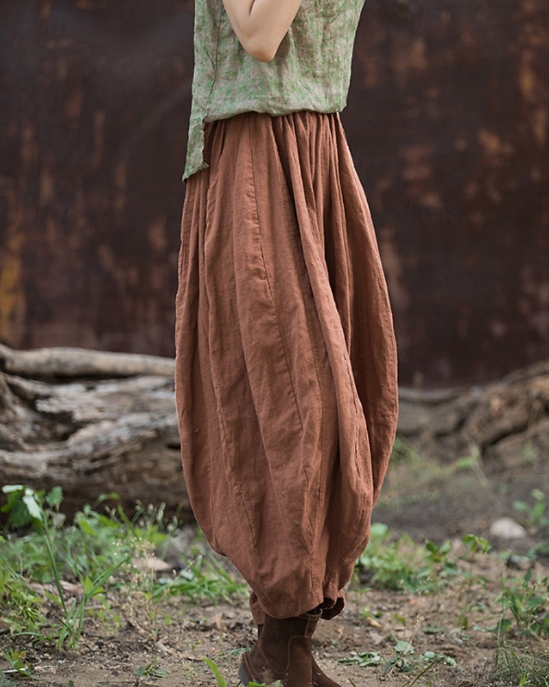 Pantaloni da donna in lino biologico con elastico in vita e tasche a lanterna del 2026 a $49.99 –P18