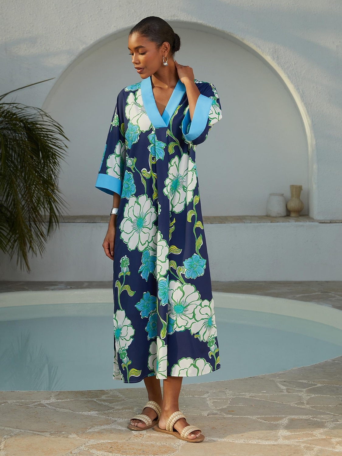 abito lungo da vacanza in rayon con maniche a dolman e motivo floreale color block del 2026 a $102.99 –P5