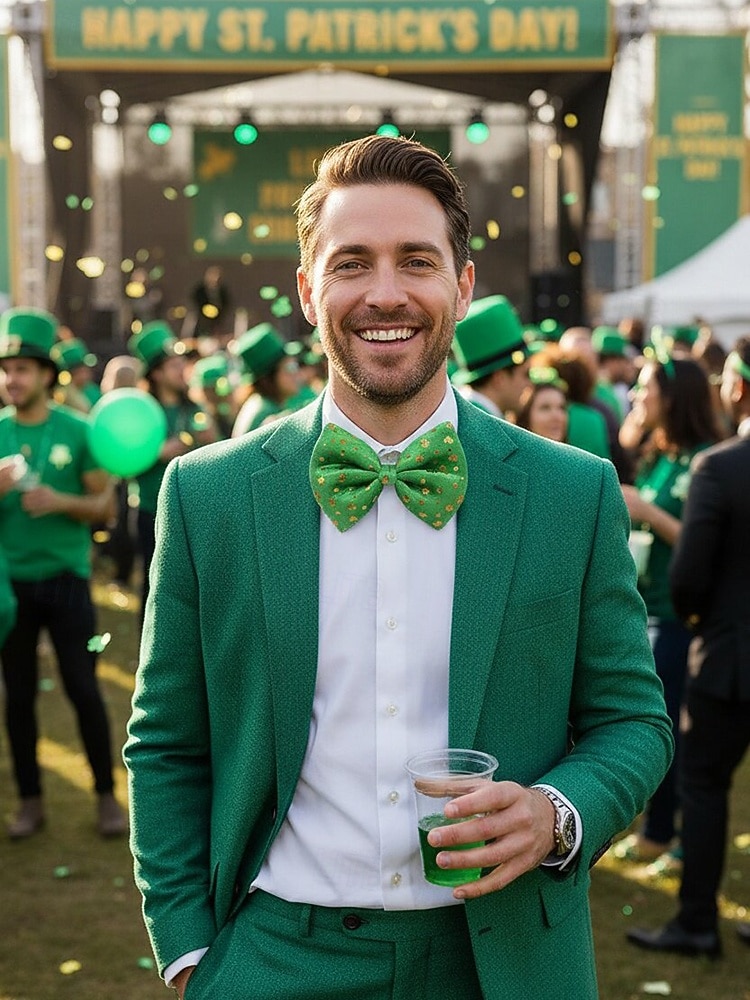 2026年 男性用の聖パトリックの日のスパンコール蝶ネクタイ、シャムロックと祝祭の模様が入った緑のポリエステル生地、アイルランドのパーティー、パレード、バー、休日のお祝いに最適な調節可能なドレス用蝶ネクタイ  コレクション – $7.99 –P2