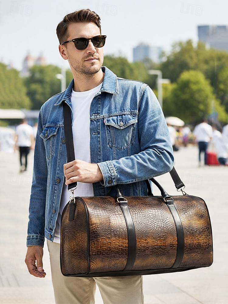 Borsa da weekend da uomo in similpelle con motivo coccodrillo, tracolla regolabile, grande capacità, impermeabile, perfetta per gite del fine settimana e brevi viaggi di lavoro del 2026 a $32.99 –P2