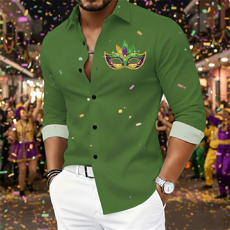 Мужская рубашка с графическим принтом для вечеринки в стиле Марди Гра – классическая карнавальная рубашка на пуговицах. 2026 - $9.99 –P3