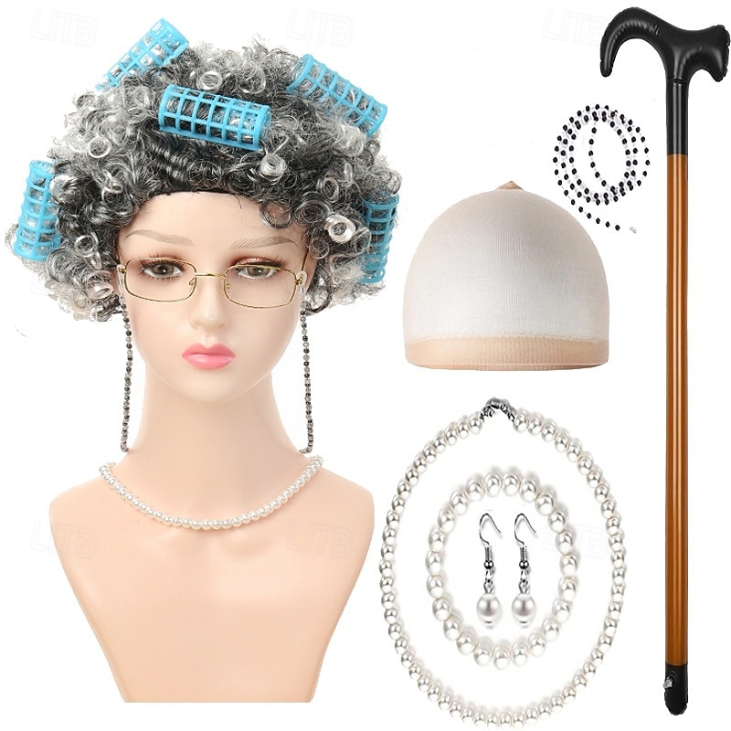 Peluca de anciana con rulos, collar de perlas, pendientes y bastón para mujeres y niñas, disfraz de abuela para cosplay de 100 días de escuela, accesorio para fiesta de Halloween 2026 - $27.99 –P2
