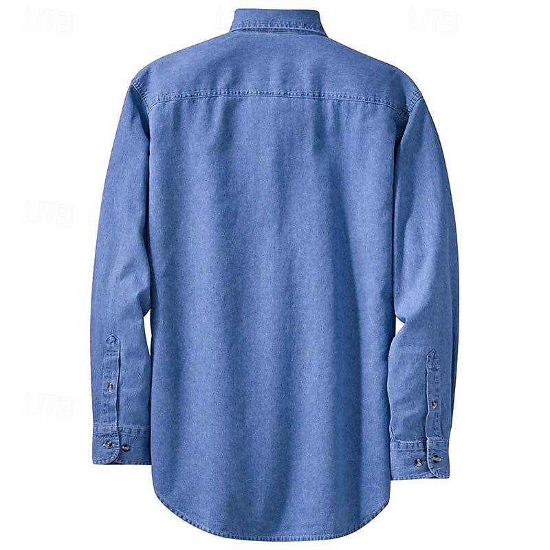 Camisa vaquera para hombre, azul oscuro, manga larga, lisa, con cuello vuelto, para vacaciones, uso diario, con bolsillo delantero, ropa de mezclilla, moda informal 2026 - $34.99 –P4