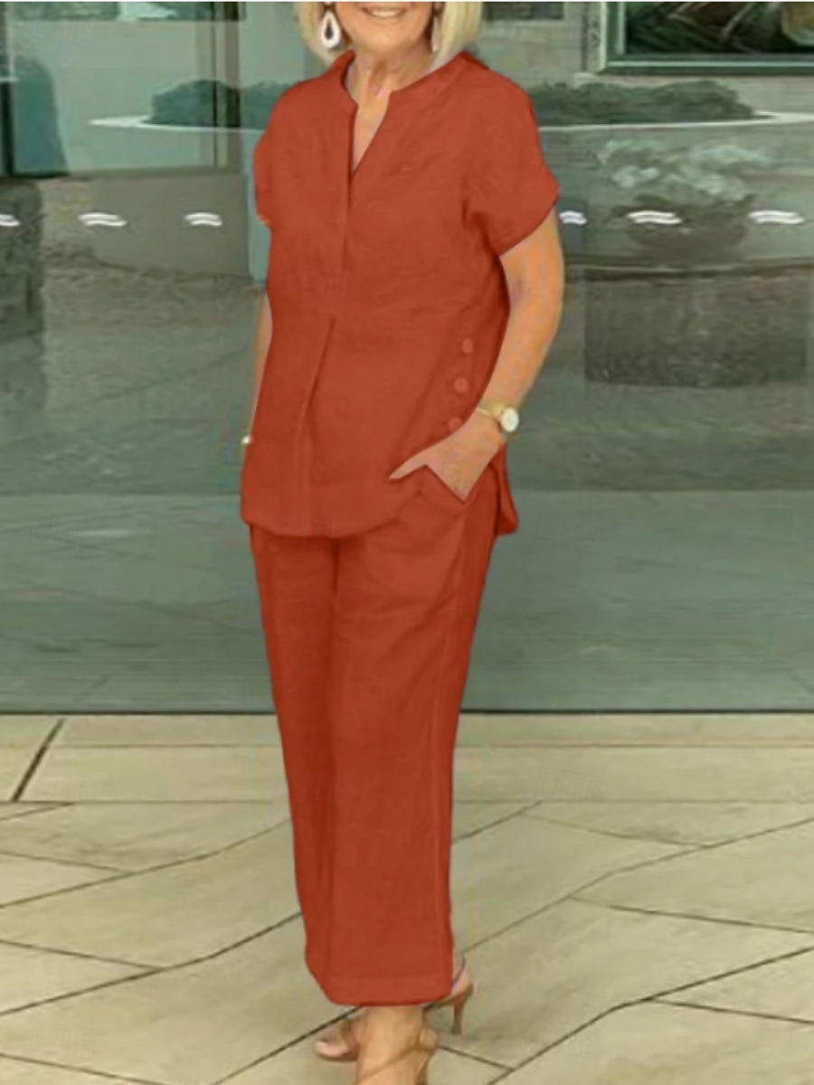 Damen Kunstbaumwollleinen Kurzarm V Ausschnitt Einfach Mode Streetwear Täglich Lässig Täglich Blau Marineblau Purpur Sommer Normale Passform 2026 - $41.99 –P3