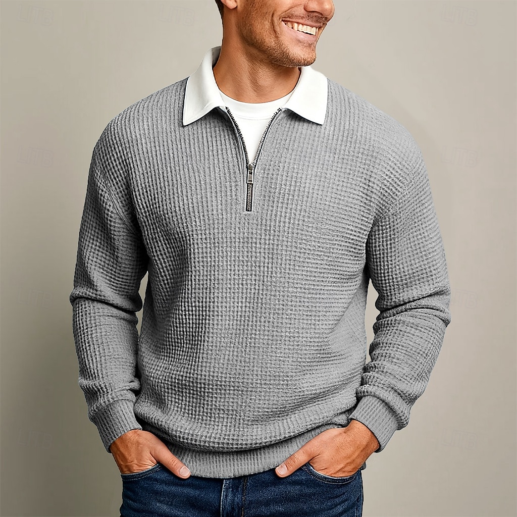 Per uomo Magliette Polo a Nido d'Ape Testurizzato Casuale Streetwear Collo ripiegato Manica Lunga Moda Tempo libero Blocco di colori Con zip Patchwork Autunno Primavera & Autunno Tutte le stagioni del 2026 a $26.99 –P3