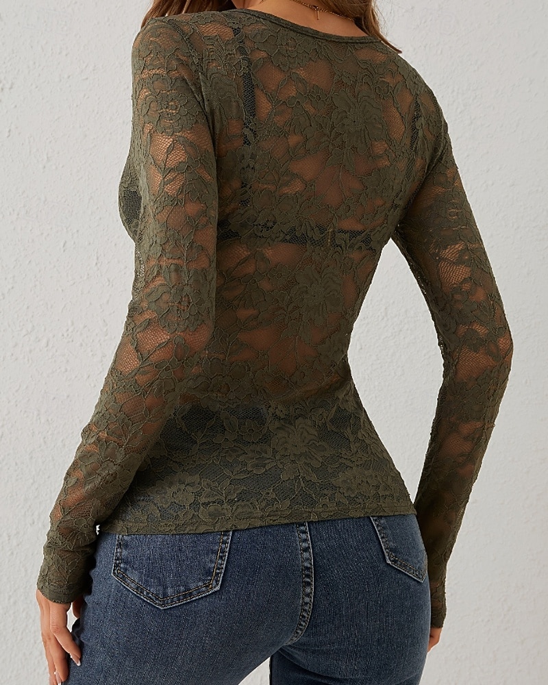 Mulheres Blusa Tops de renda Renda Tecido à moda Sensual Manga Longa Decote V Tops regulares Diário Feriado Para Noite Preto Branco Vinho Azul Marinha Verde Esmeralda Outono Inverno de 2026 por $22.99 –P10