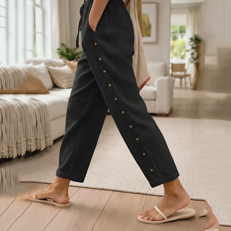 Women's Summer Pants 100% Cotton Pants Trousers Vacation Streetwear Casual Full Length Medium Waist Solid Color Drawstring Pocket Side Button Comfortable Breathable Inelastic Daily Outdoor Street 2026 - $29.99 –P3