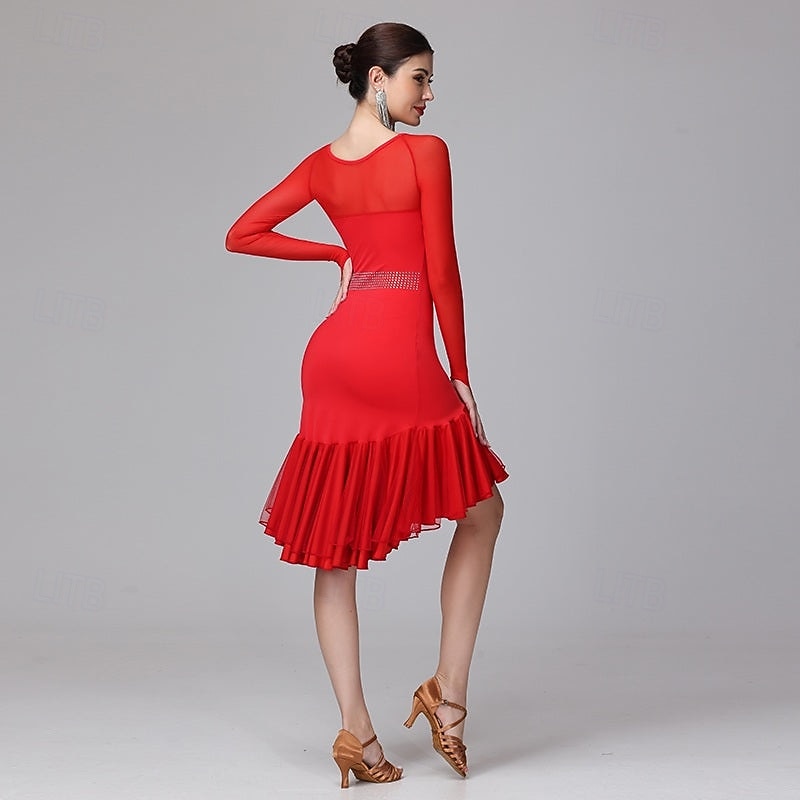 Women's Black Rhinestone Latin Dance Dress - Long Sleeve Mesh Ruffled Asymmetrical Ballroom Performance Dress 2026 - $150.99 –P2