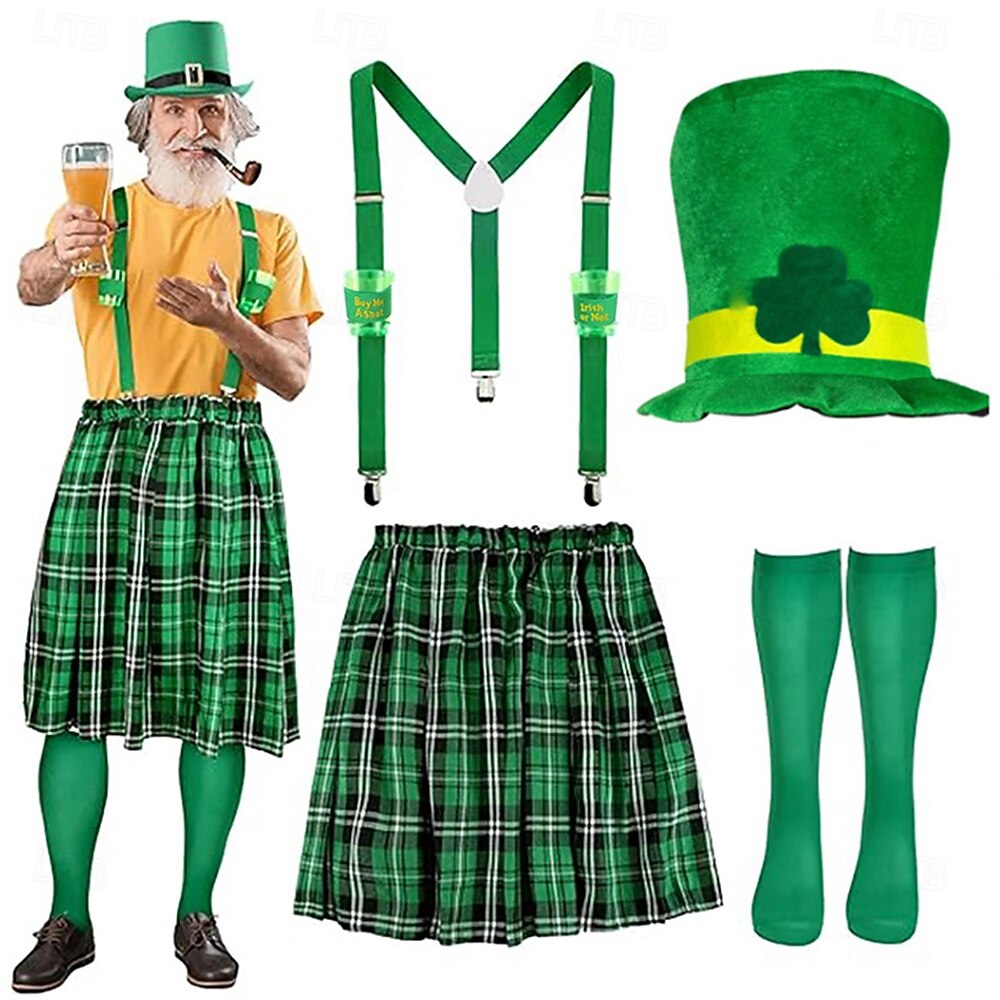 St. Patrick 2026 Leprechaun Shamrock Irish Carnival Fancy Costume Kilts Y-Back Suspenders Novelty Funny Adults' Men's Saint Patrick's Day Casual Party Easy Carnival Costume Dress Up 2026 - $38.99 –P7