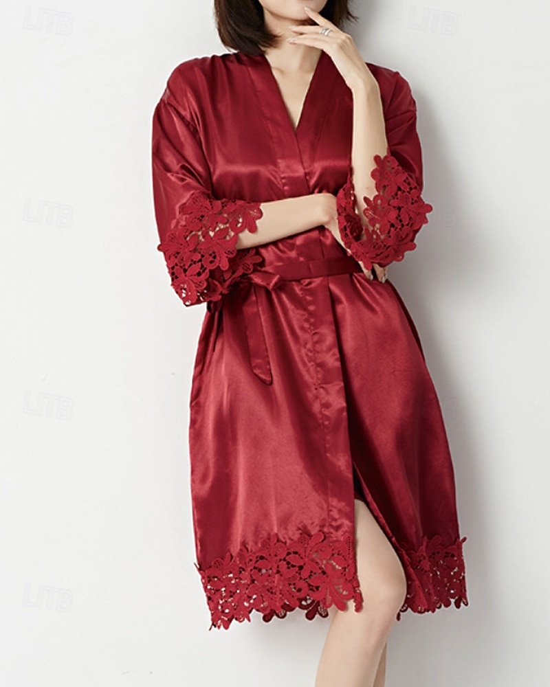 Women's Robe Casual Soft Satin Pure Color Lace Daily Home Bed Half Sleeve V Neck White Champagne Pink Wine Summer Loose Fit 2026 - $23.99 –P1
