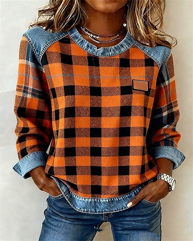 Women's Pullover Sweatshirt Patchwork Print Plaid Color Block Plain Elegant Warm Punk Long Sleeve Round Neck Regular Tops Home Work Street Dark Yellow Light Brown Orange Spring 2026 - $35.99 –P1