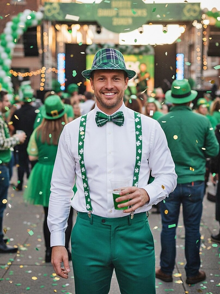 Conjunto de accesorios para disfraz de San Patricio para hombre: sombrero, pajarita y tirantes a cuadros verdes, poliéster con múltiples estampados, ideal para desfiles y fiestas irlandesas. 2026 - $24.99 –P1